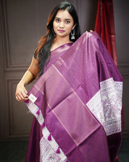 Tussar silk saree with madhubani print zari border - Wine