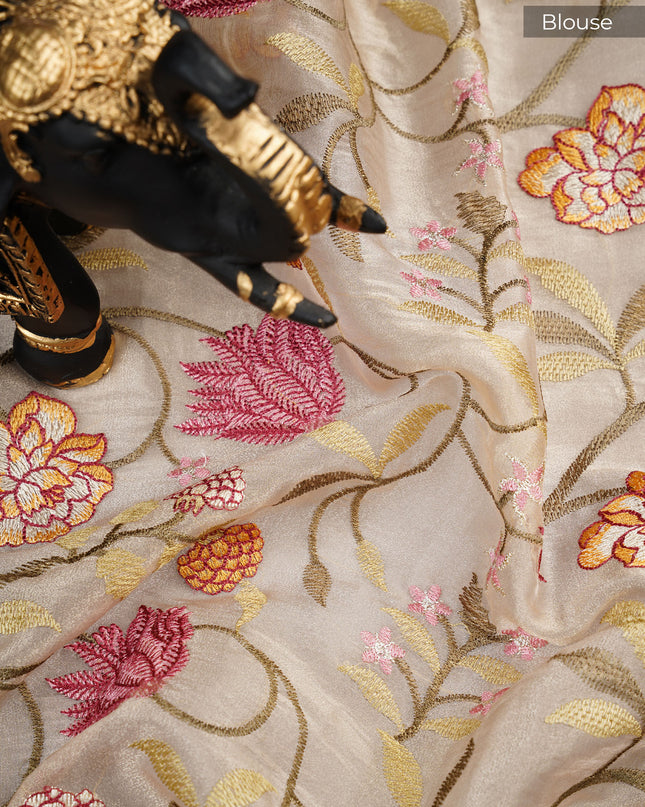 Soft Organza Saree and Golden Lines and Thread Work  scallop border - Maroon