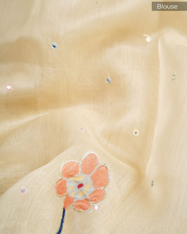 Tissue linen saree with applique work butties and mirror work and scallop border - Beige