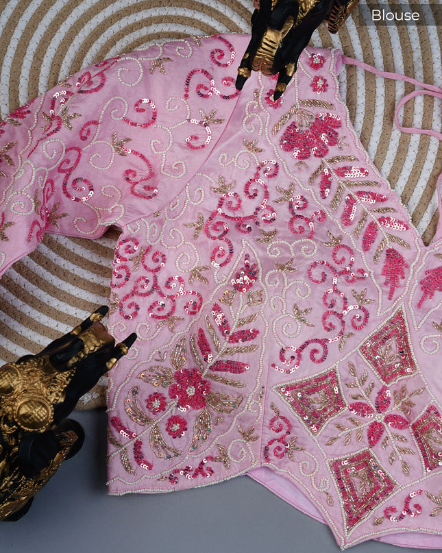 Russian crepe saree with Kardhana sequence butties and scallop border - Baby Pink