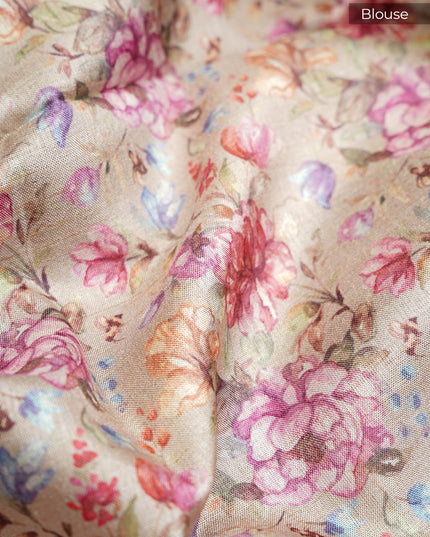 Tusser Silk Saree with Floral Print and Subtle Vertical Stripes and Small Delicate Motifs- Beige