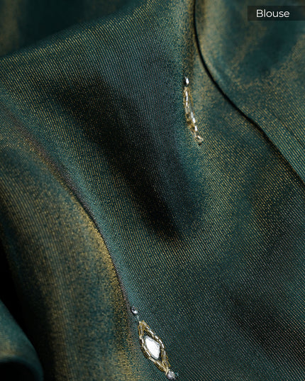 Tissue Banaras Silk With Kardhana Stone Work And Scallop Border - Bottle Green