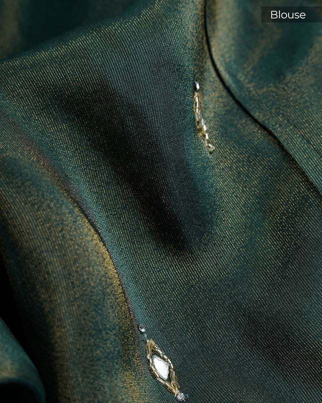 Tissue Banaras Silk With Kardhana Stone Work And Scallop Border - Bottle Green