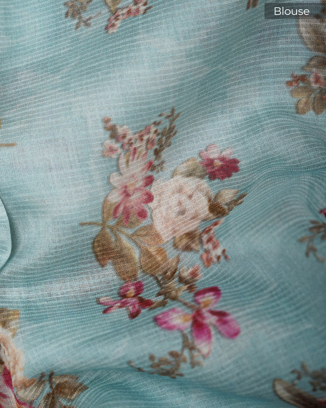 Kota cotton Saree with Floral Print - Sky Blue