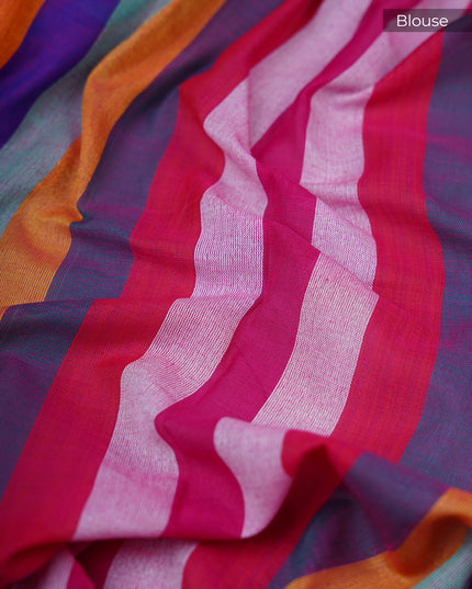 mulcotton saree with multicolored check pattern - Magenta