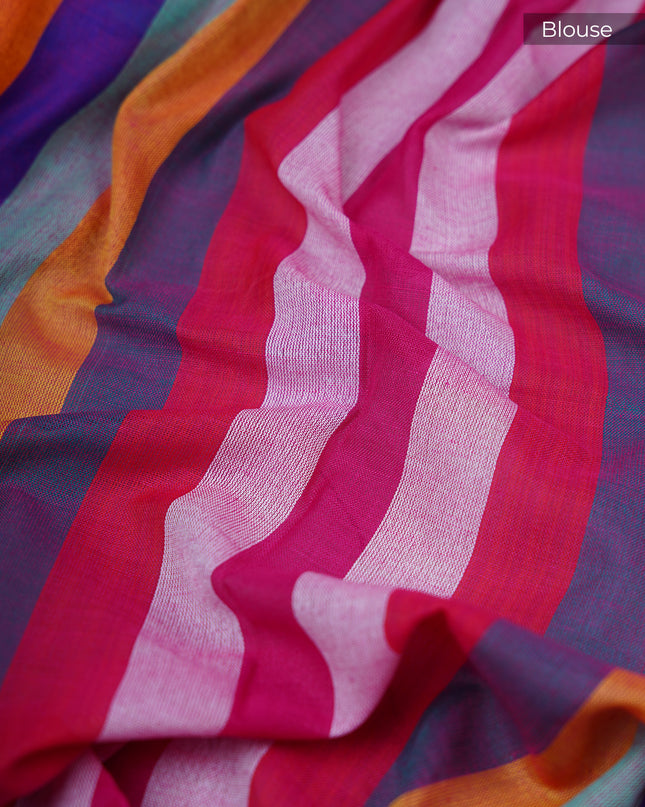 mulcotton saree with multicolored check pattern - Magenta