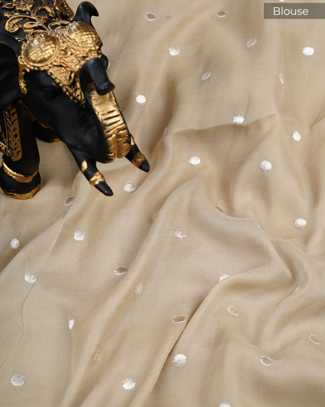 Mashru satin saree with pichwai butties and Parsi Work lace border - Tan