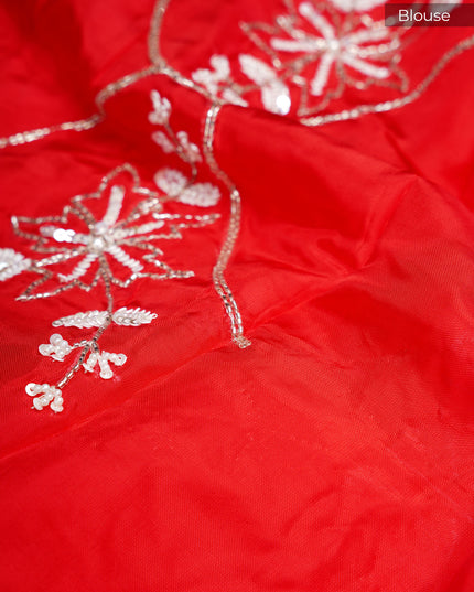 Russian Silk Saree Hand Painting Design With Kardana & Sequence Work Scallop Border With Pearl Work - White