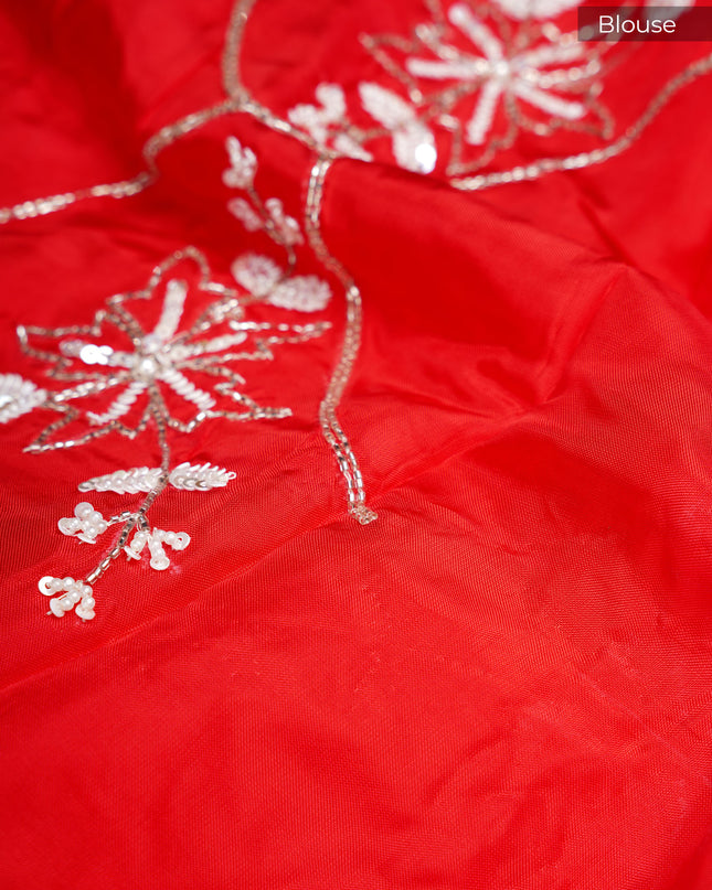 Russian Silk Saree Hand Painting Design With Kardana & Sequence Work Scallop Border With Pearl Work - White