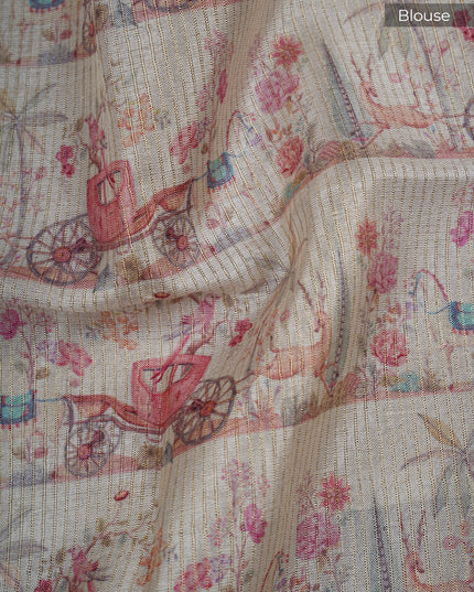 Tusser silk saree with digital print zari border - Beige