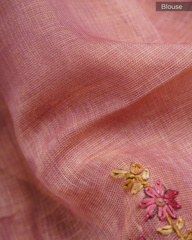 Tissue Linen Saree With Kantha Work & Contrast Border - Tan