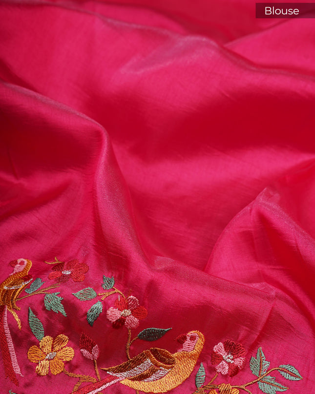 Dupion saree with  golden butties and thread work and border - Magenta