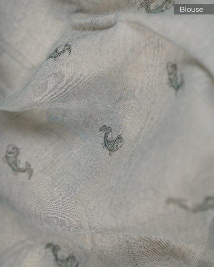 Linen Jute Floral Print With Zari Border  - Beige