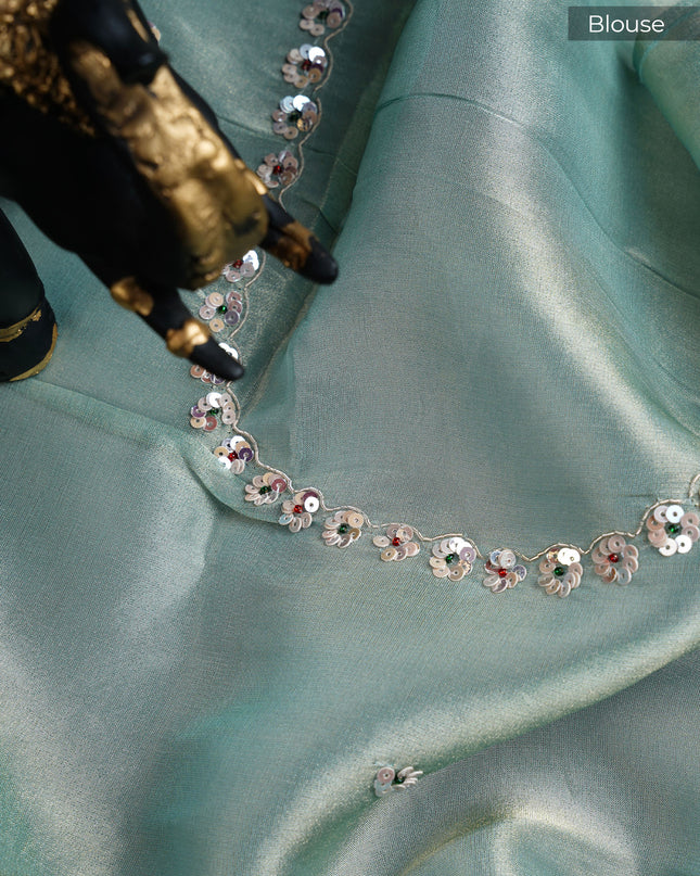 Soft tissue organza saree with sequence butties and scallop border - Sea Green