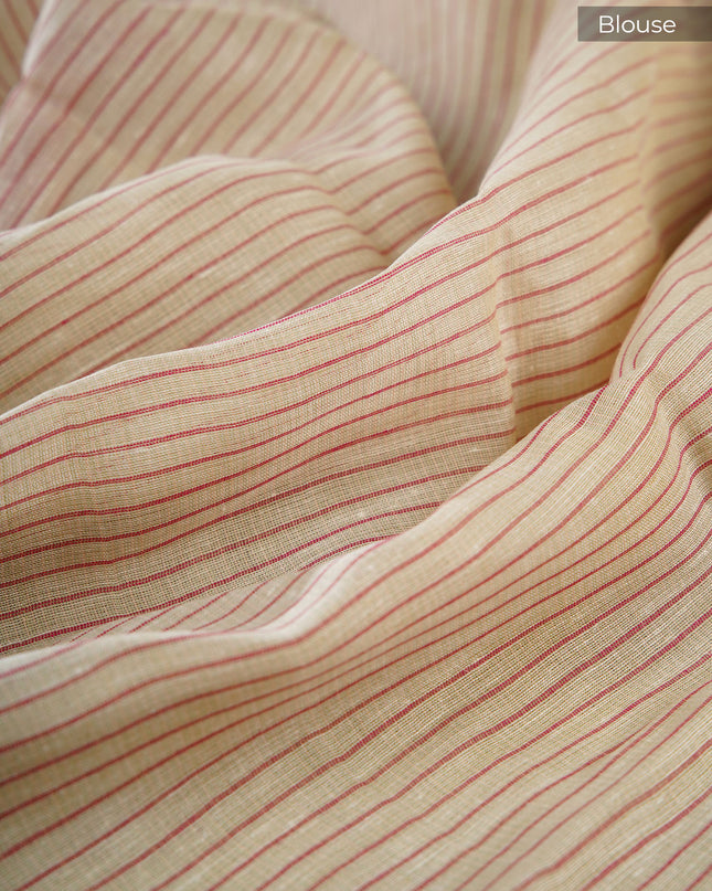 Mul cotton saree with stripes and contrast border - Cream