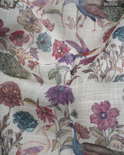 Linen Silk Saree with Floral Print and Contrast Border -Off White