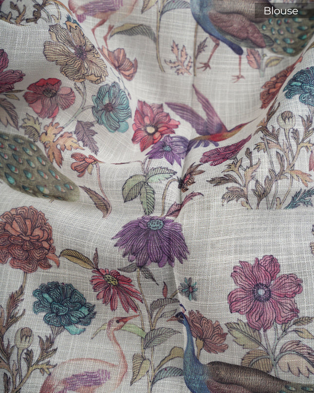 Linen Silk Saree with Floral Print and Contrast Border -Off White