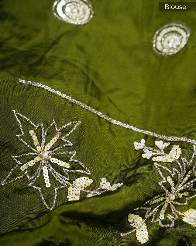 Russian Silk Saree Hand Painting Design With Kardana & Sequence Work Scallop Border With Pearl Work - L Yellow