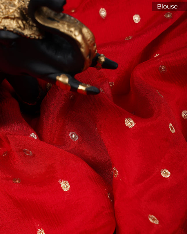 Wrinkle Crepe Saree with Thread Embroidery Work and Golden Zari Border- Red