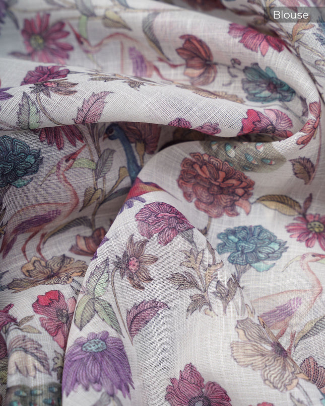 Linen Silk Saree With Floral Digital Print - White