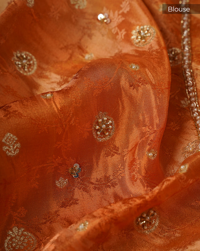 Italian Crape Rangkat Style With Scallop Border With Embroidery Hand Work - Orange