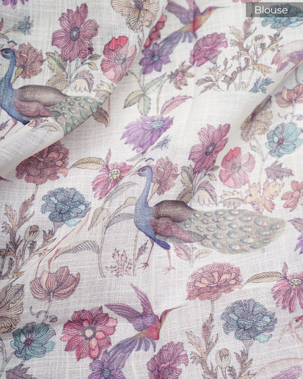 Linen Silk Saree with Floral Print and Contrast Border - Lavender