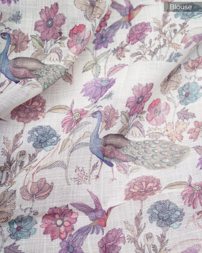 Linen Silk Saree with Floral Print and Contrast Border - Lavender
