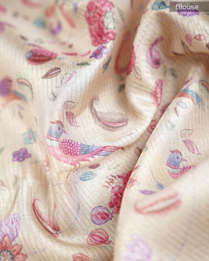 Tusser Silk Saree Floral with Contrast Border- Beige