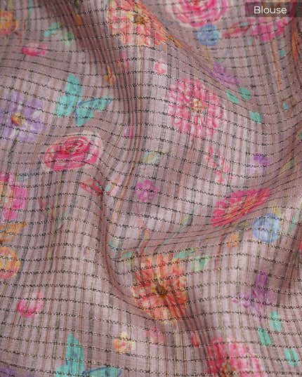 Tusser saree weaving checks floral print golden border - White Brown