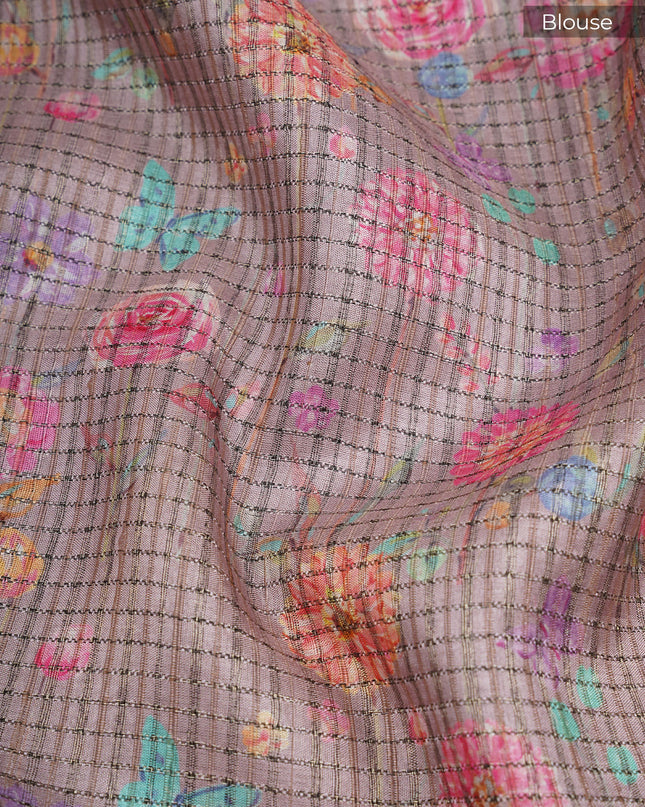 Tusser saree weaving checks floral print golden border - White Brown