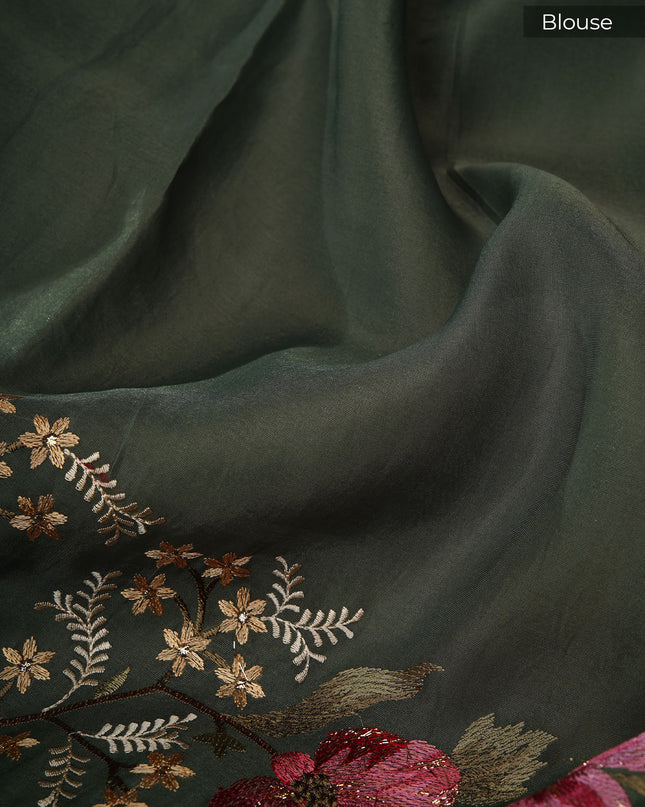 Soft organza saree with thread work butties and lace border - Green