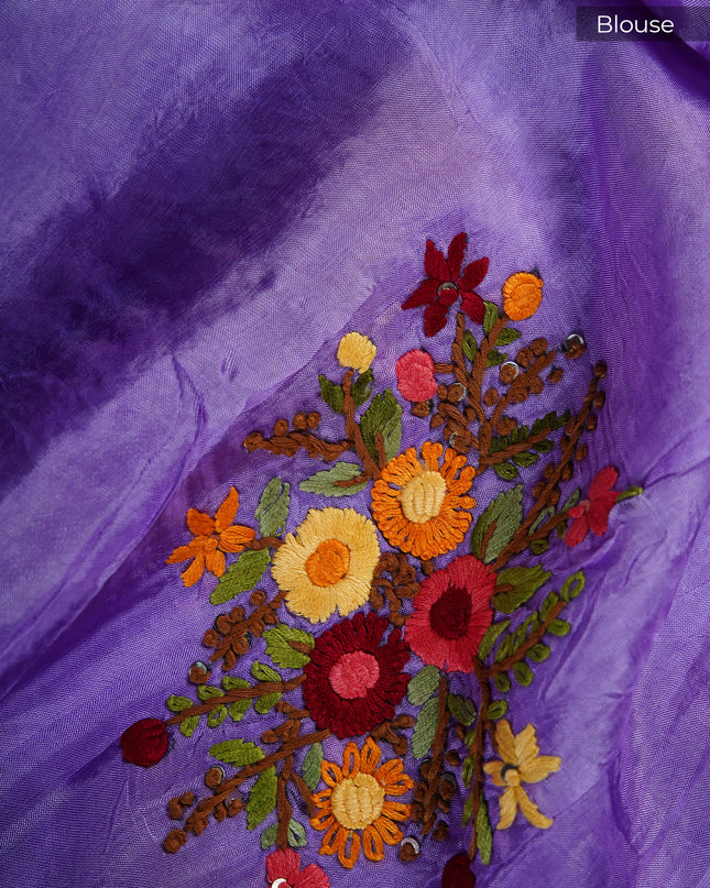 Chinnon Crape Saree French Knot Work Design and Golden Zari Gap Border Border - Purple