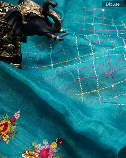 Linen Saree with Kantha Work & Golden Zari Border- Rama Green
