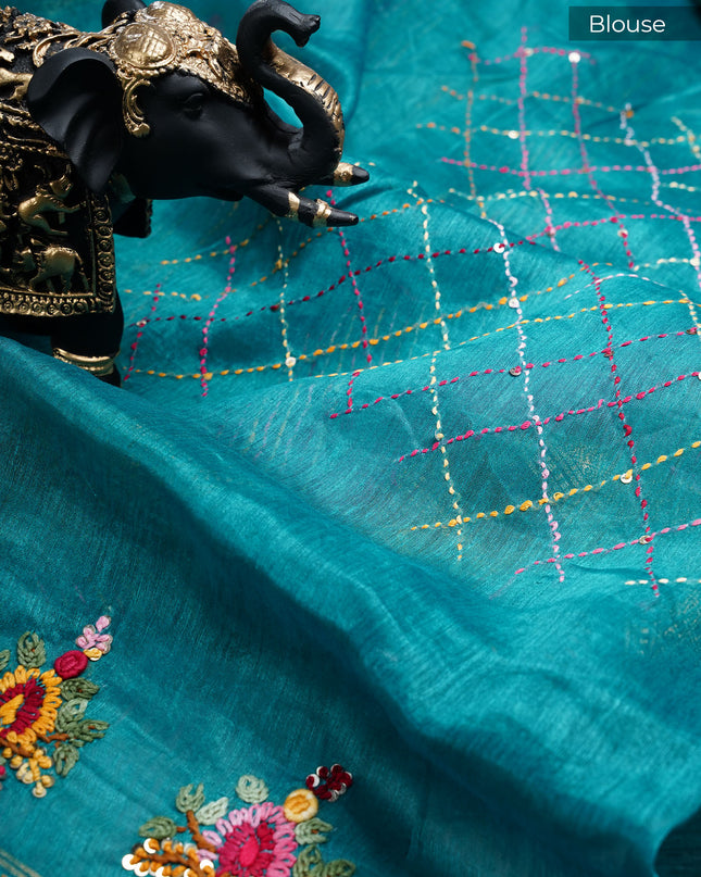Linen Saree with Kantha Work & Golden Zari Border- Rama Green