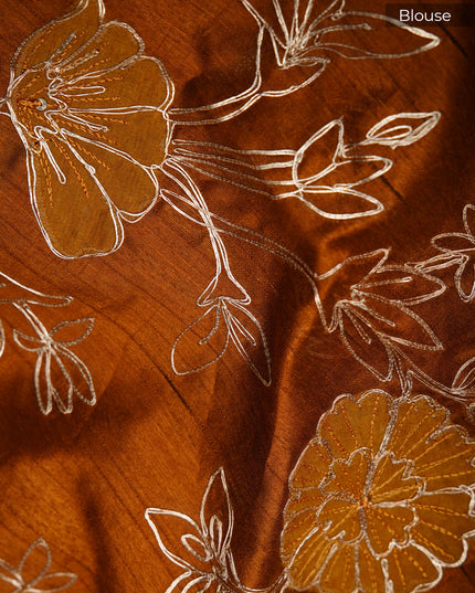 Tusser silk saree with applique and pitta work with scallop border - Rust