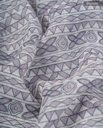 Lenin Silk Saree with Madhubani Print with Contrast Border- Grey