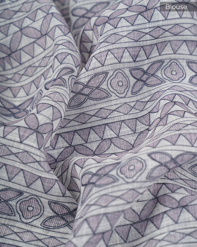 Lenin Silk Saree with Madhubani Print with Contrast Border- Grey