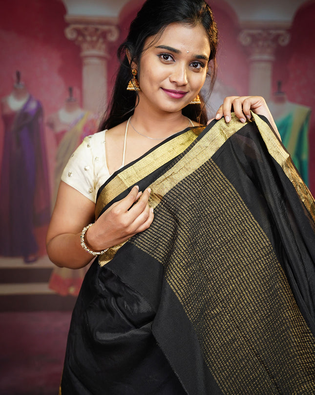 Binny Crepe Silk Saree With Golden Border - Black