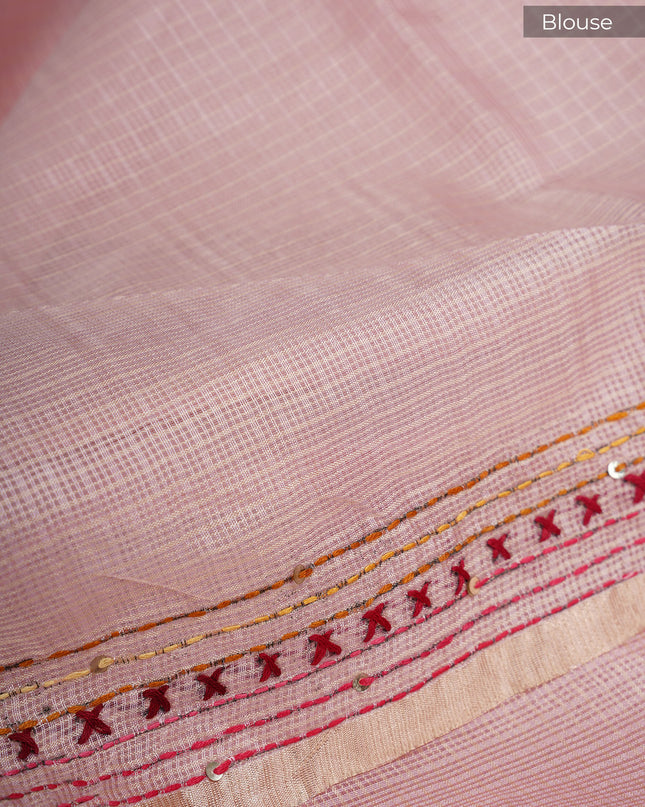 Kota Silk Saree with Kantha Work - Baby Pink