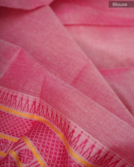 Handloom Cotton Saree Floral Print and Thread Weaving Border- Cream and Pink