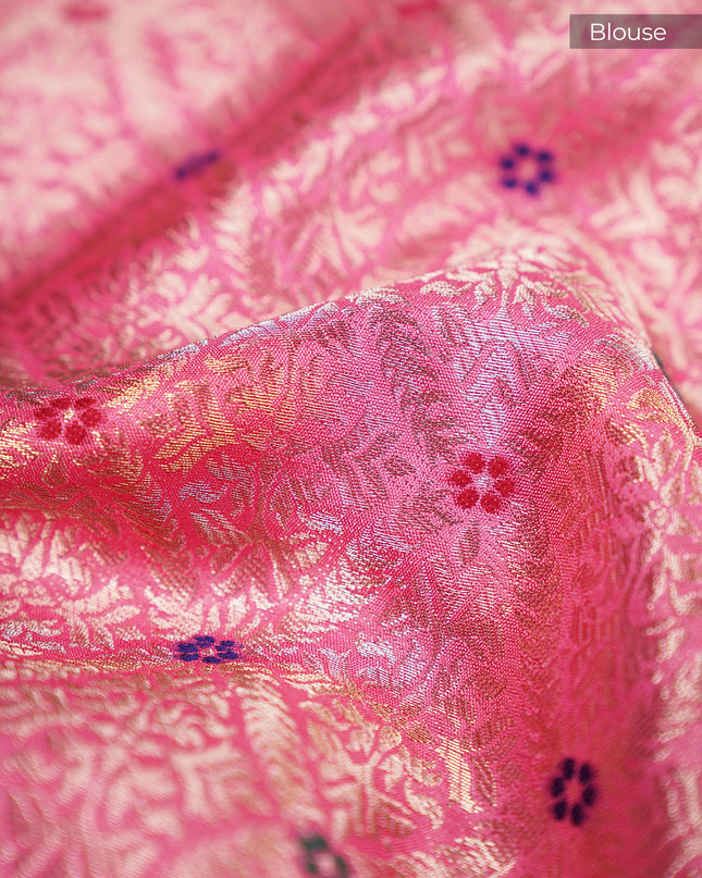 Green Silk Allover Golden Zari Weaving Checks design with Kanchi Border