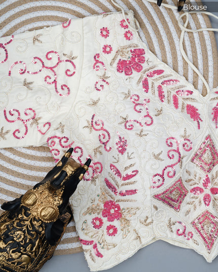 Russian crepe saree with Kardhana sequence butties and scallop border - Half White