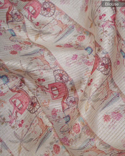 Tussar silk saree with digital print zari border - Wine