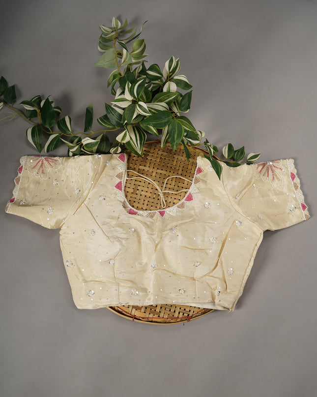 Tissue Crape Applique Work Buttis Scallop Border with Kardana & Pearl Work - Pink