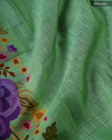 dola silk sarees with checks and floral print border - Mint Green