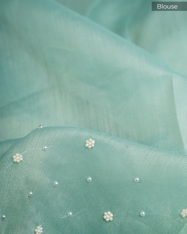 Tissue Lenin Saree with Pull and Kardhana Work Scallop Border with Thread Work-Mint Blue