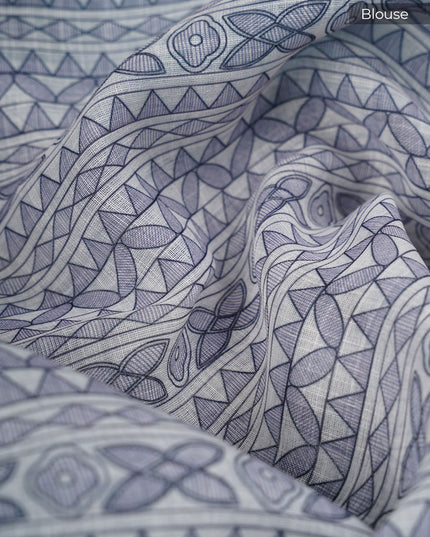 Lenin Silk Saree with Madhubani Print with Contrast Border- Sea Green