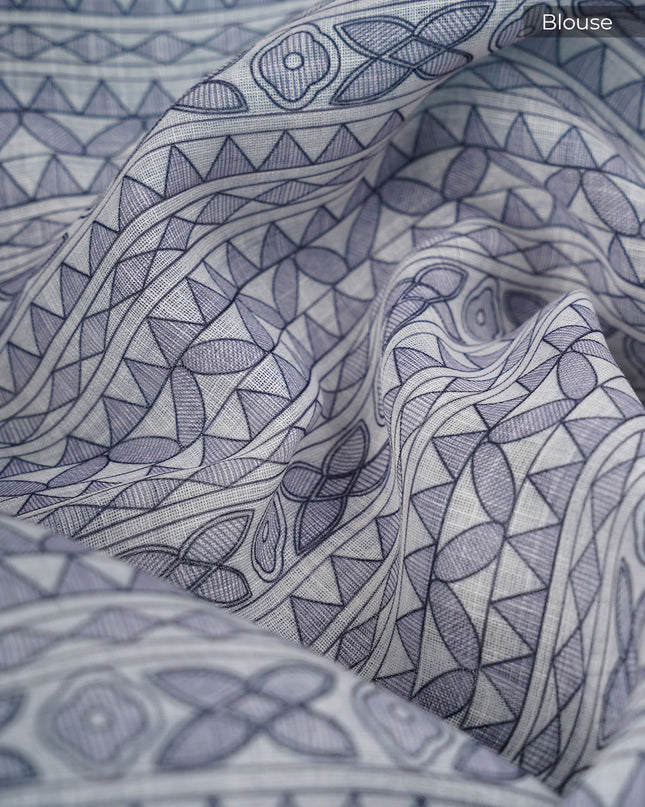 Lenin Silk Saree with Madhubani Print with Contrast Border- Sea Green