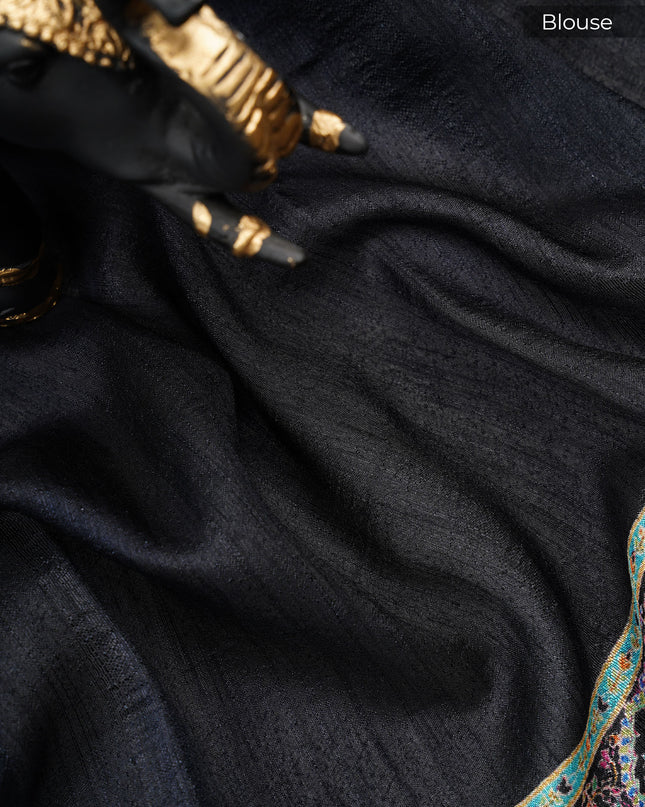 Korean Tussar Pashmina Kari Shal Featuring Intricate Mughal Style Pictorial Designs - Black