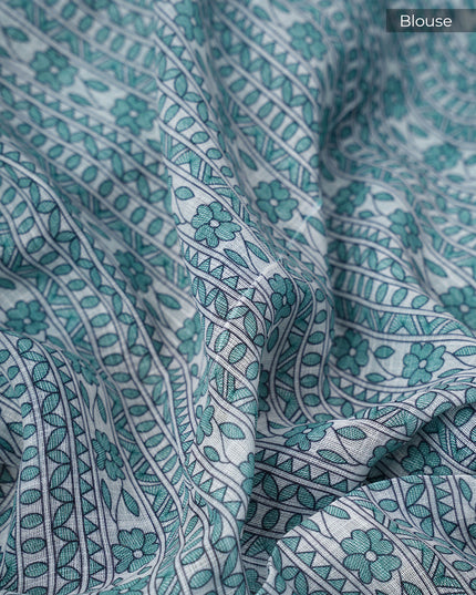 Linen Silk Saree With Madhubani Print With Gold Zari Border - Rama Green